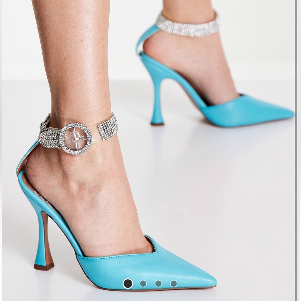 ASOS DESIGN Pressure embellished strap heeled shoes in blue